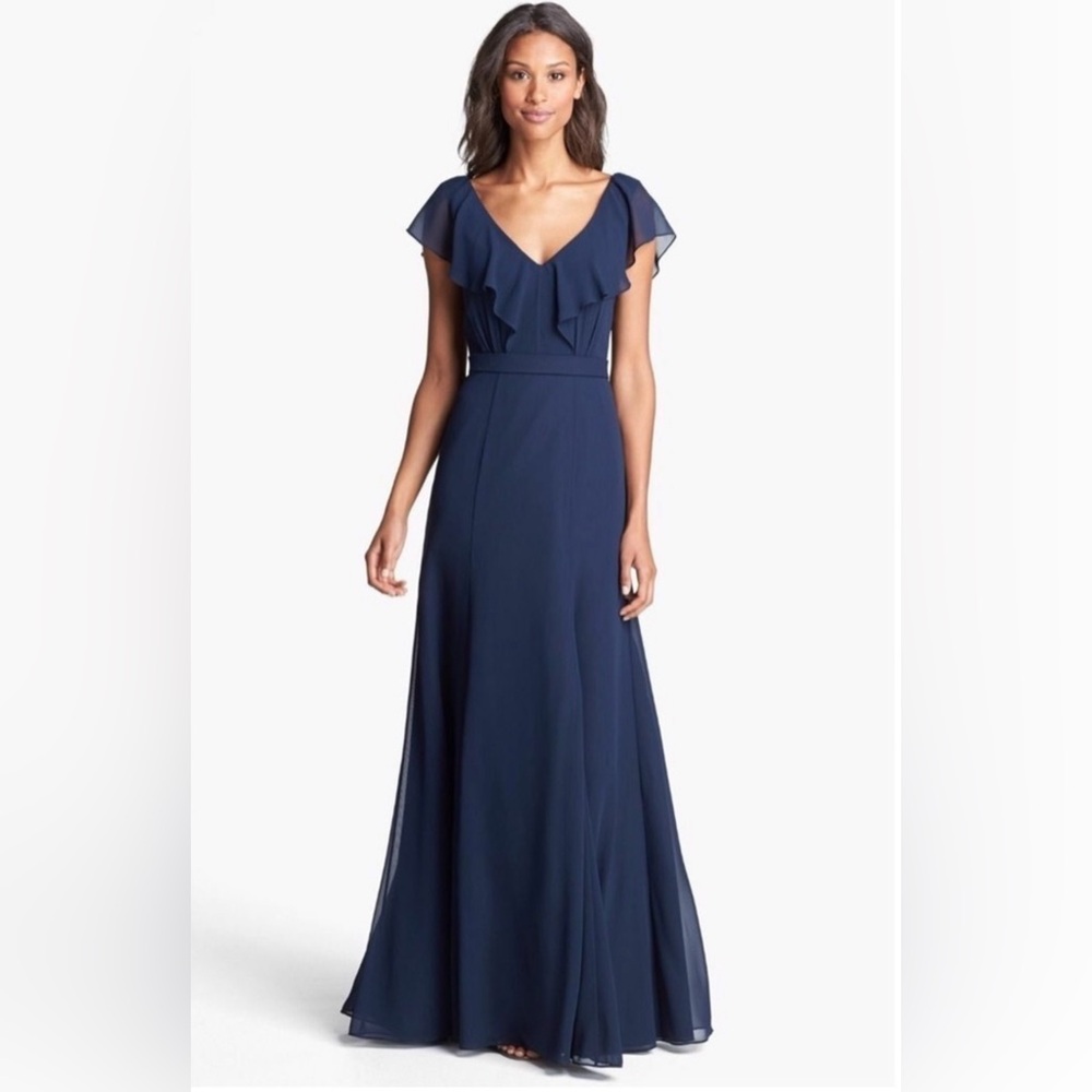 Jenny Yoo Collection Ceciia Blue Chiffon Bridesmaid gown dress size 8 Navy Blue
